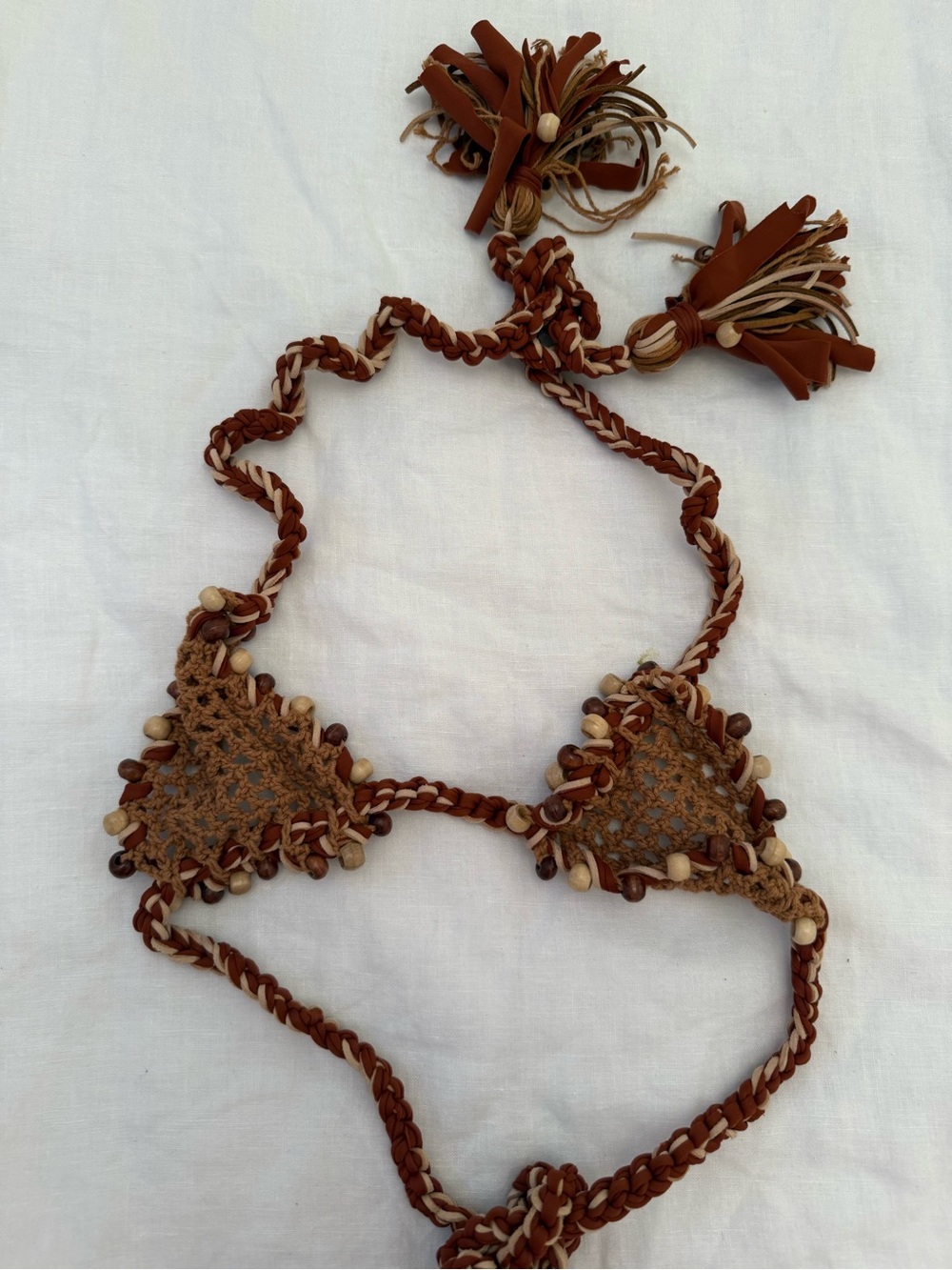 ANDI BAGUS Brown Crochet Triangle Bikini Top with Bead Trim